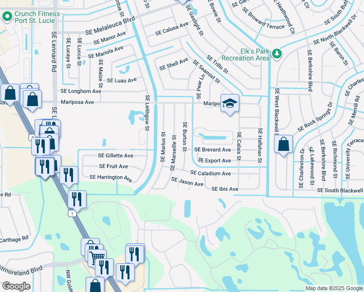 map of restaurants, bars, coffee shops, grocery stores, and more near 2492 Southeast Burton Street in Port St. Lucie