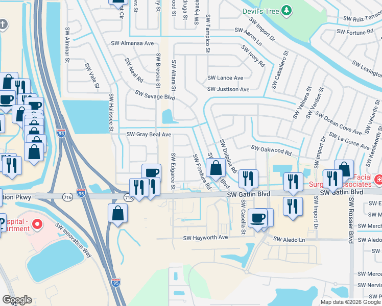 map of restaurants, bars, coffee shops, grocery stores, and more near 2134 Southwest Alloway Avenue in Port St. Lucie