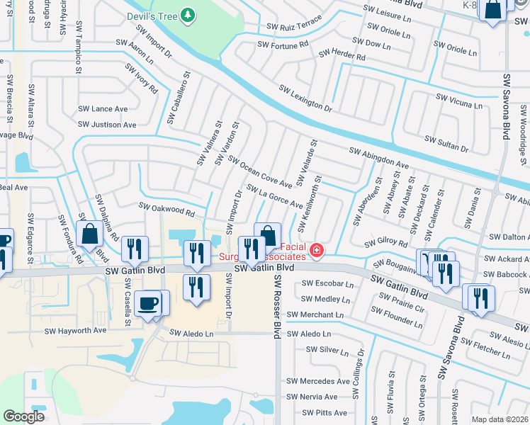 map of restaurants, bars, coffee shops, grocery stores, and more near 2568 Southwest National Circle in Port St. Lucie