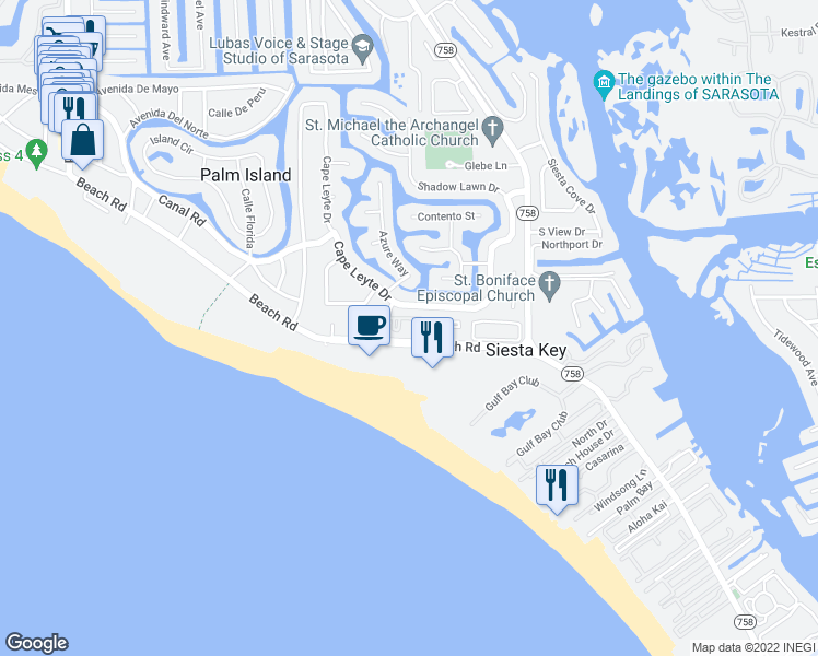 map of restaurants, bars, coffee shops, grocery stores, and more near 946 Beach Road in Siesta Key