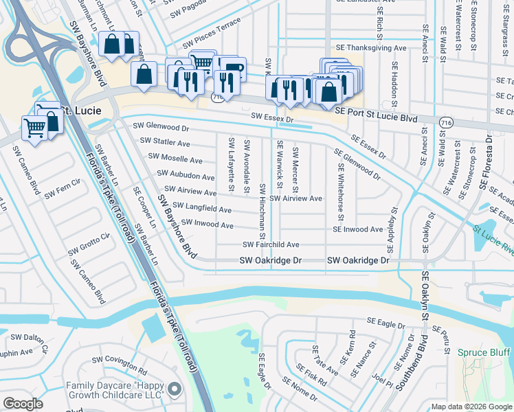 map of restaurants, bars, coffee shops, grocery stores, and more near 2510 Southwest Hinchman Street in Port St. Lucie