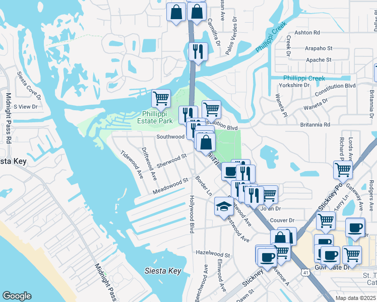 map of restaurants, bars, coffee shops, grocery stores, and more near 5821 Larchwood Avenue in Sarasota
