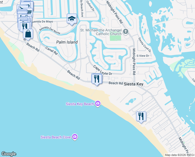 map of restaurants, bars, coffee shops, grocery stores, and more near 5600 Beach Way Drive in Sarasota