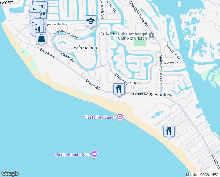 map of restaurants, bars, coffee shops, grocery stores, and more near 5558 Cape Aqua Drive in Siesta Key