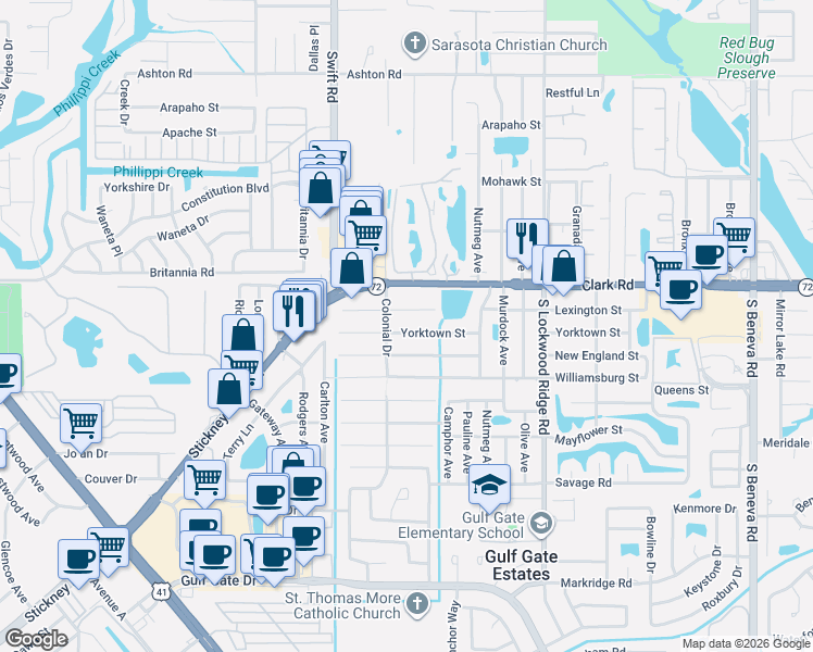 map of restaurants, bars, coffee shops, grocery stores, and more near 2905 Lexington Street in Sarasota