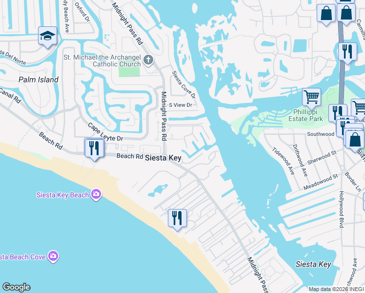 map of restaurants, bars, coffee shops, grocery stores, and more near 5615 Midnight Pass Road in Sarasota