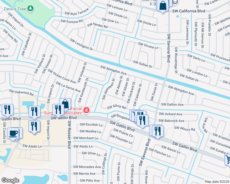 map of restaurants, bars, coffee shops, grocery stores, and more near 2590 Southwest Abney Street in Port St. Lucie