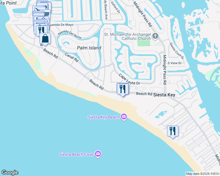 map of restaurants, bars, coffee shops, grocery stores, and more near 5558 Cape Aqua Drive in Siesta Key