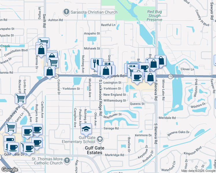map of restaurants, bars, coffee shops, grocery stores, and more near 3240 Clark Road in Sarasota