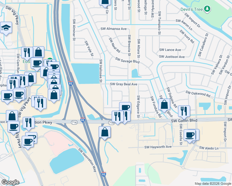 map of restaurants, bars, coffee shops, grocery stores, and more near 2521 Southwest Choctaw Street in Port St. Lucie