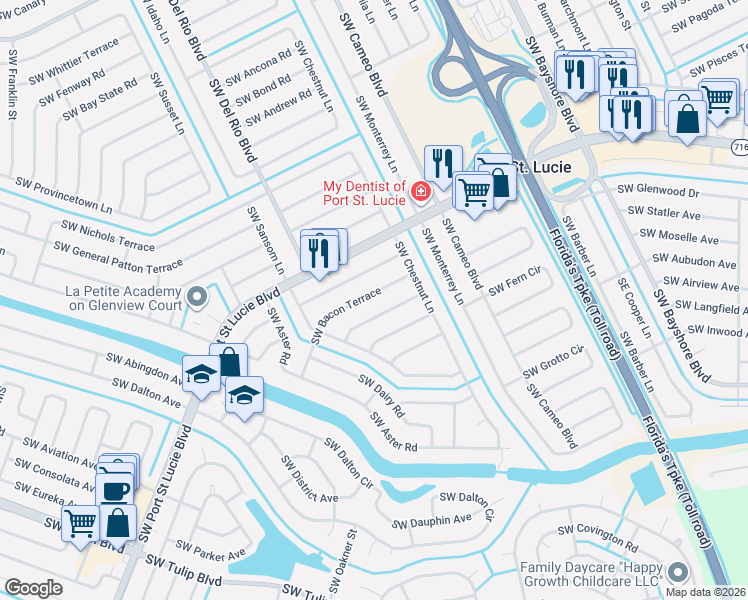 map of restaurants, bars, coffee shops, grocery stores, and more near 532 Southwest Bacon Terrace in Port St. Lucie