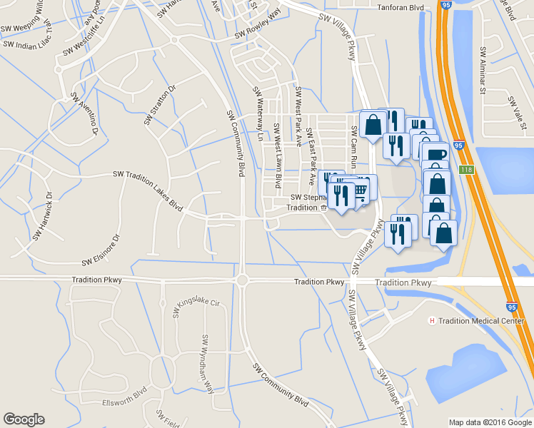 map of restaurants, bars, coffee shops, grocery stores, and more near 10880 Southwest Stephanie Way in Port St. Lucie