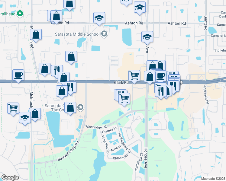 map of restaurants, bars, coffee shops, grocery stores, and more near 4900 Clark Road in Sarasota