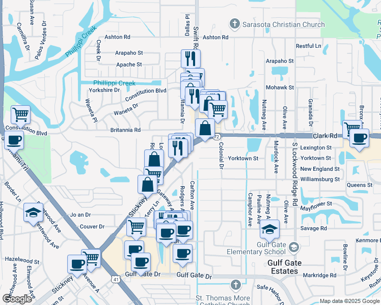 map of restaurants, bars, coffee shops, grocery stores, and more near 2701 Stickney Point Road in Sarasota