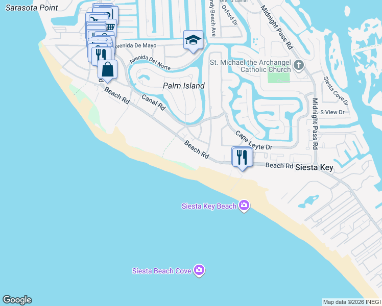 map of restaurants, bars, coffee shops, grocery stores, and more near 636 Beach Road in Siesta Key