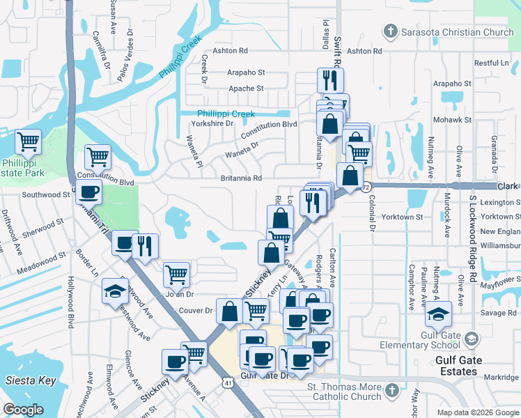 map of restaurants, bars, coffee shops, grocery stores, and more near 5831 Cavano Drive in Sarasota