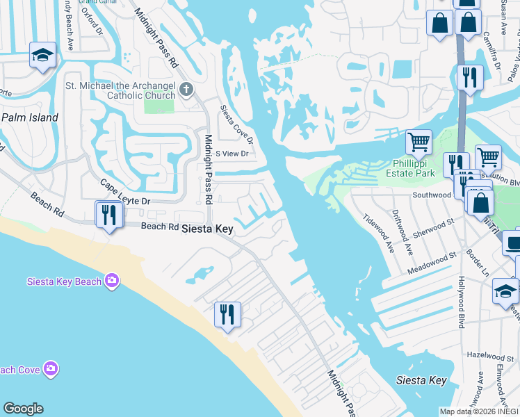 map of restaurants, bars, coffee shops, grocery stores, and more near 5821 Riegel's Harbor Road in Siesta Key