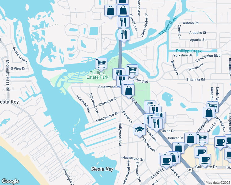 map of restaurants, bars, coffee shops, grocery stores, and more near 5821 Larchwood Avenue in Sarasota