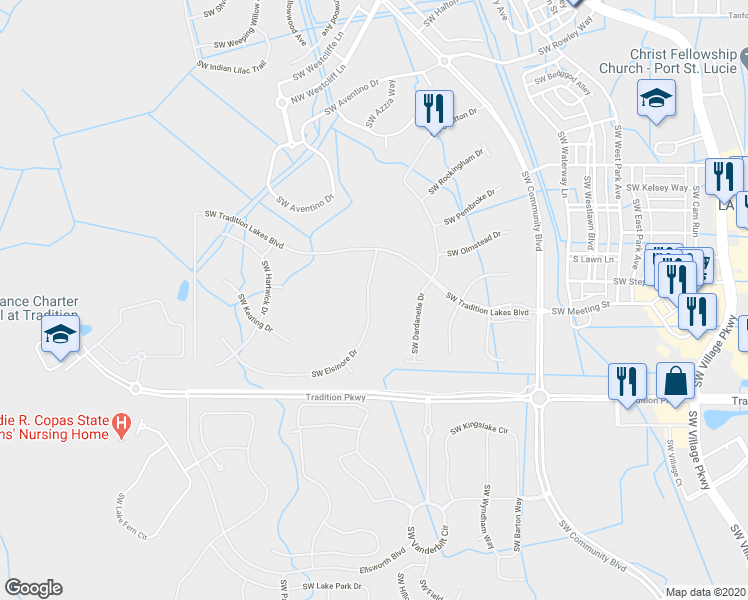 map of restaurants, bars, coffee shops, grocery stores, and more near 10805 Southwest Elsinore Drive in Port Saint Lucie