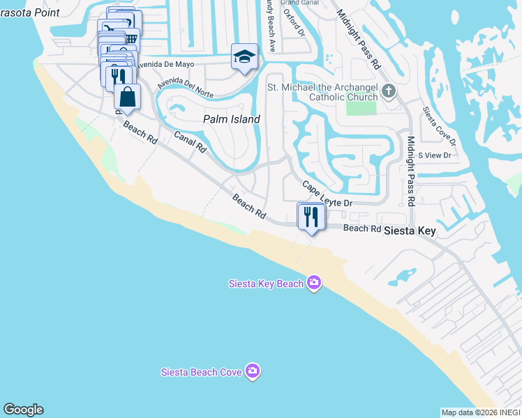 map of restaurants, bars, coffee shops, grocery stores, and more near 673 Beach Road in Siesta Key