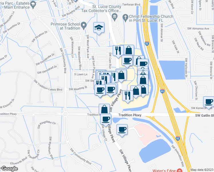 map of restaurants, bars, coffee shops, grocery stores, and more near Southwest Village Center Drive in Port Saint Lucie
