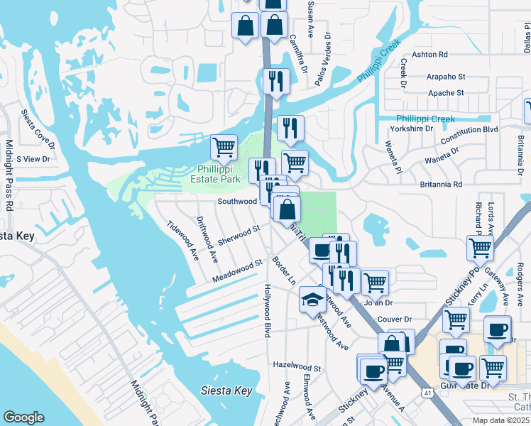 map of restaurants, bars, coffee shops, grocery stores, and more near 5821 Larchwood Avenue in Sarasota