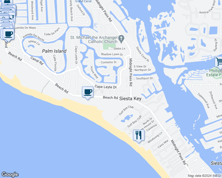 map of restaurants, bars, coffee shops, grocery stores, and more near 5640 Cape Leyte Drive in Sarasota