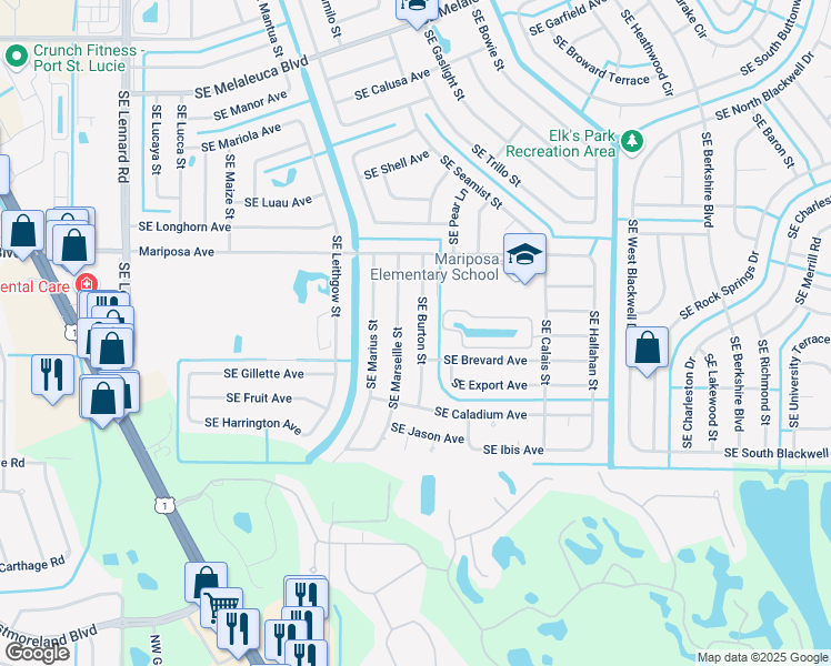 map of restaurants, bars, coffee shops, grocery stores, and more near 2462 Southeast Burton Street in Port St. Lucie