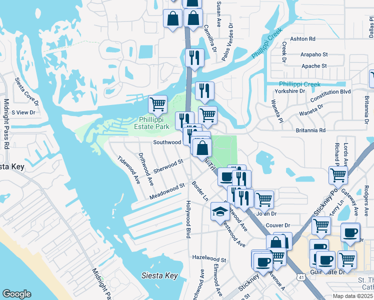 map of restaurants, bars, coffee shops, grocery stores, and more near 5821 Larchwood Avenue in Sarasota