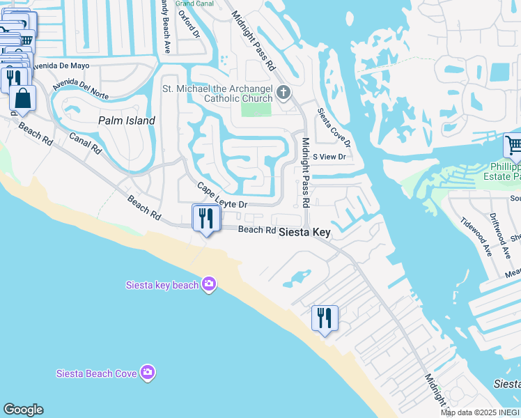 map of restaurants, bars, coffee shops, grocery stores, and more near 5640 Cape Leyte Drive in Siesta Key