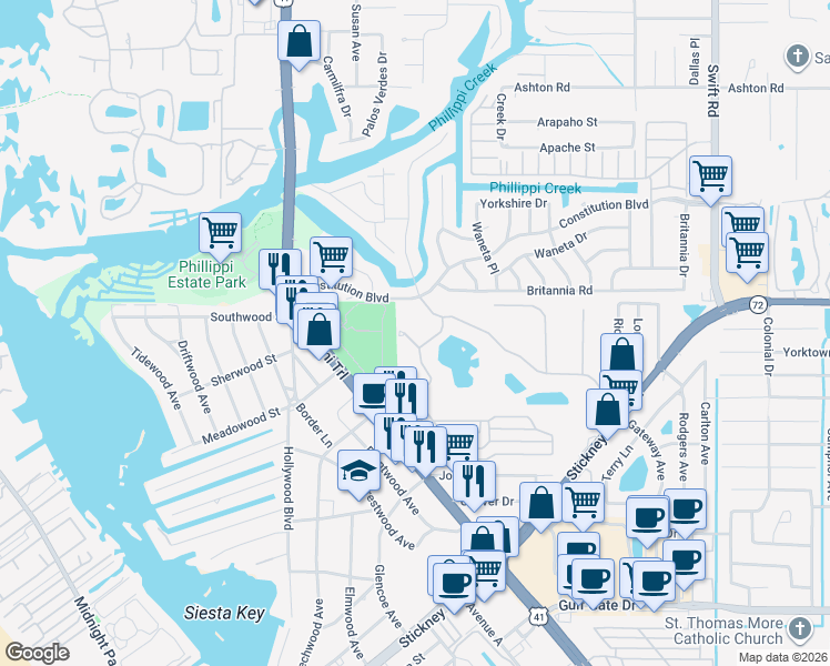 map of restaurants, bars, coffee shops, grocery stores, and more near 8116 Gabanna Drive in Sarasota