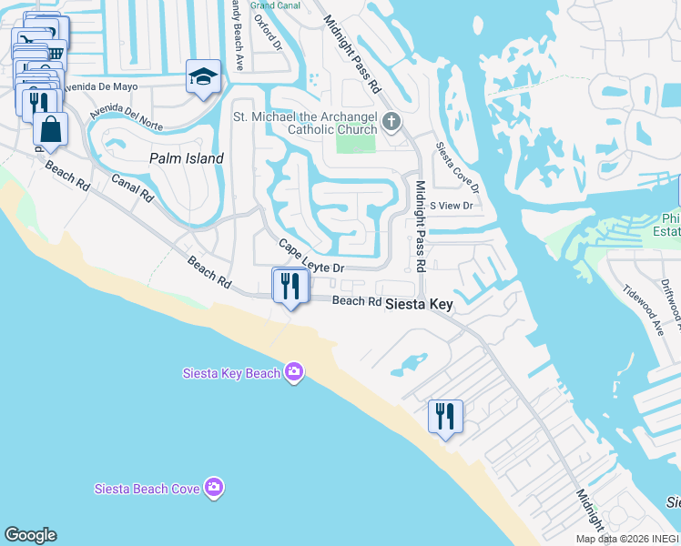 map of restaurants, bars, coffee shops, grocery stores, and more near 5633 Cape Leyte Drive in Siesta Key