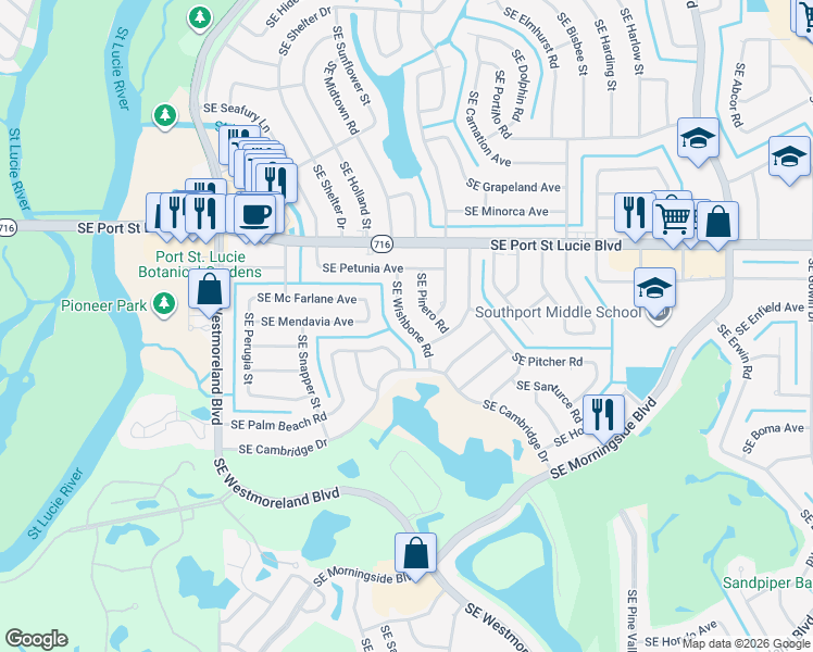 map of restaurants, bars, coffee shops, grocery stores, and more near 2449 Southeast Wishbone Road in Port St. Lucie