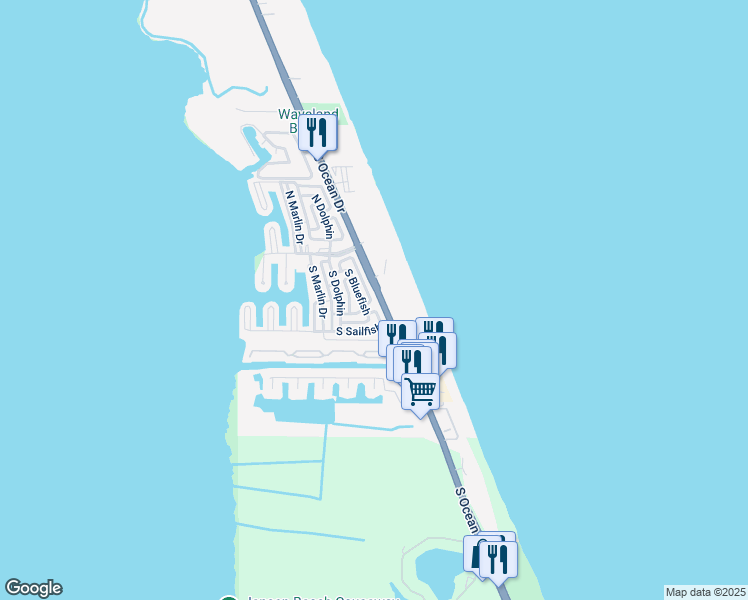 map of restaurants, bars, coffee shops, grocery stores, and more near 10725 South Ocean Drive in Jensen Beach