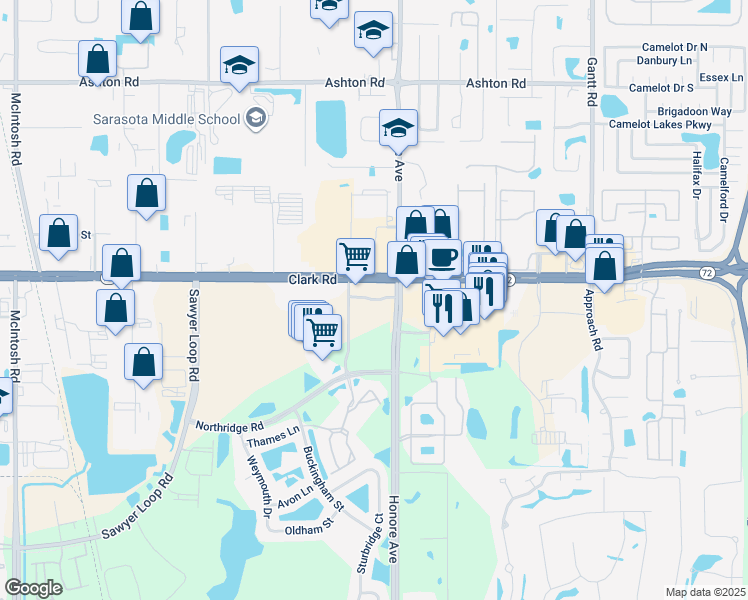 map of restaurants, bars, coffee shops, grocery stores, and more near 5250 Clark Rd in Sarasota
