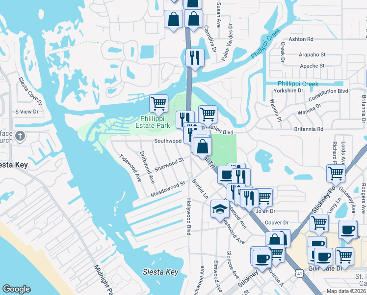 map of restaurants, bars, coffee shops, grocery stores, and more near 5800 Hollywood Boulevard in Sarasota