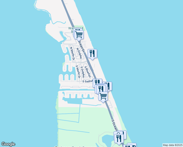 map of restaurants, bars, coffee shops, grocery stores, and more near 10725 South Ocean Drive in Jensen Beach