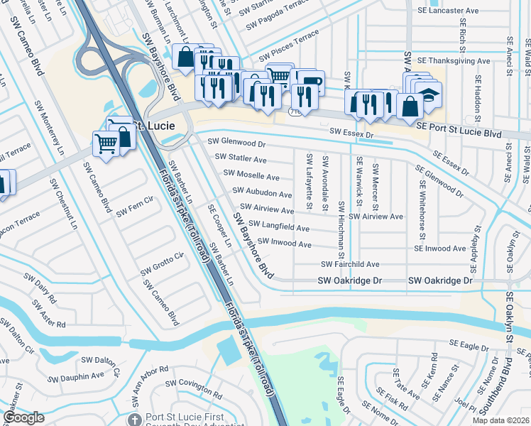 map of restaurants, bars, coffee shops, grocery stores, and more near 242 Southwest Airview Avenue in Port St. Lucie
