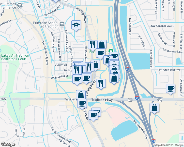 map of restaurants, bars, coffee shops, grocery stores, and more near 10330 Southwest Village Center Drive in Port St. Lucie