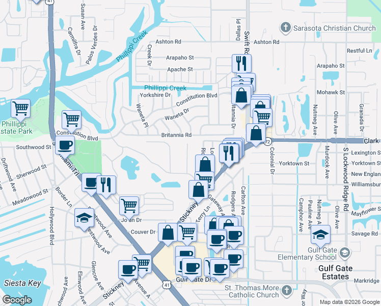 map of restaurants, bars, coffee shops, grocery stores, and more near 5831 Cavano Drive in Sarasota