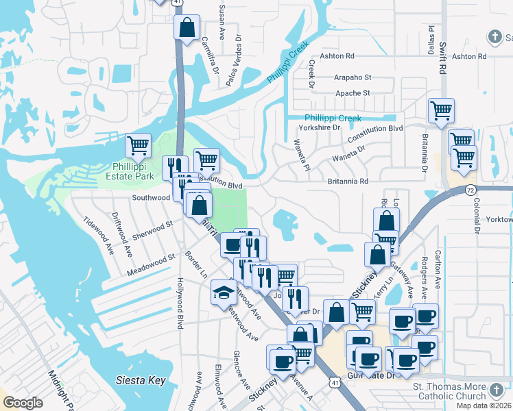 map of restaurants, bars, coffee shops, grocery stores, and more near 8116 Gabanna Drive in Sarasota