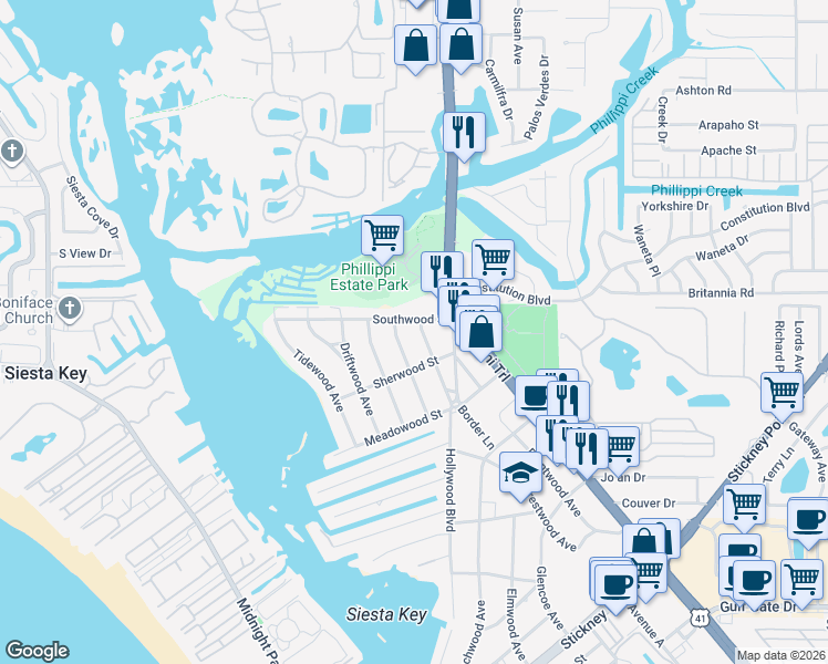 map of restaurants, bars, coffee shops, grocery stores, and more near 5800 Hollywood Boulevard in Sarasota