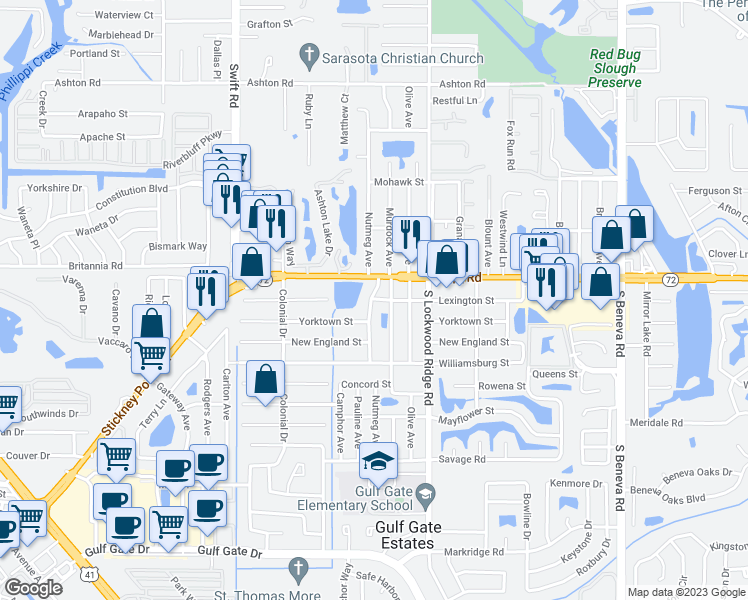 map of restaurants, bars, coffee shops, grocery stores, and more near Lexington Street in Sarasota