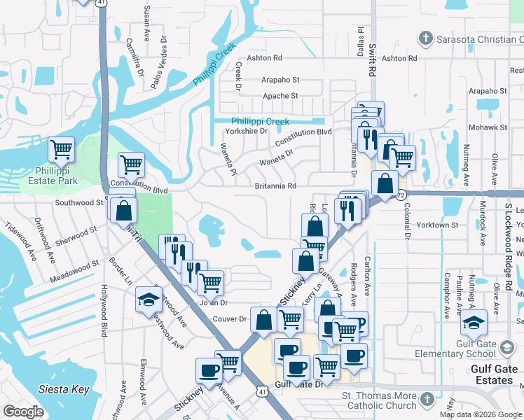 map of restaurants, bars, coffee shops, grocery stores, and more near 8247 Varenna Drive in Sarasota