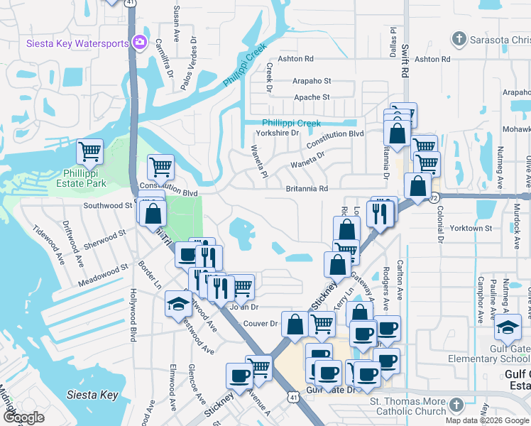 map of restaurants, bars, coffee shops, grocery stores, and more near 2420 Vaccaro Drive in Sarasota