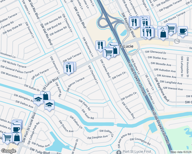 map of restaurants, bars, coffee shops, grocery stores, and more near 2477 Southwest Chestnut Lane in Port St. Lucie