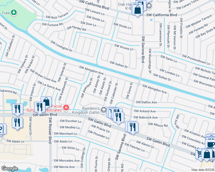 map of restaurants, bars, coffee shops, grocery stores, and more near 2532 Southwest Deckard Street in Port St. Lucie