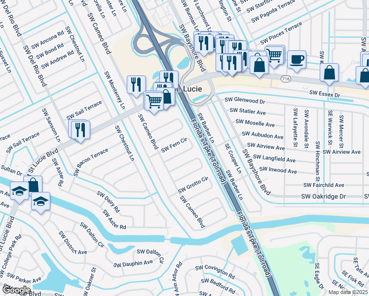 map of restaurants, bars, coffee shops, grocery stores, and more near 2376 Southwest Fern Circle in Port St. Lucie