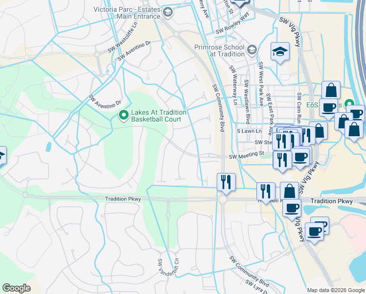 map of restaurants, bars, coffee shops, grocery stores, and more near 11420 Southwest Northland Drive in Port St. Lucie