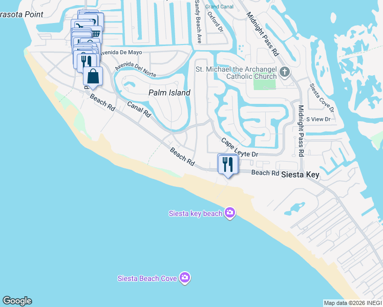 map of restaurants, bars, coffee shops, grocery stores, and more near 5610 Avenida Del Mare in Siesta Key